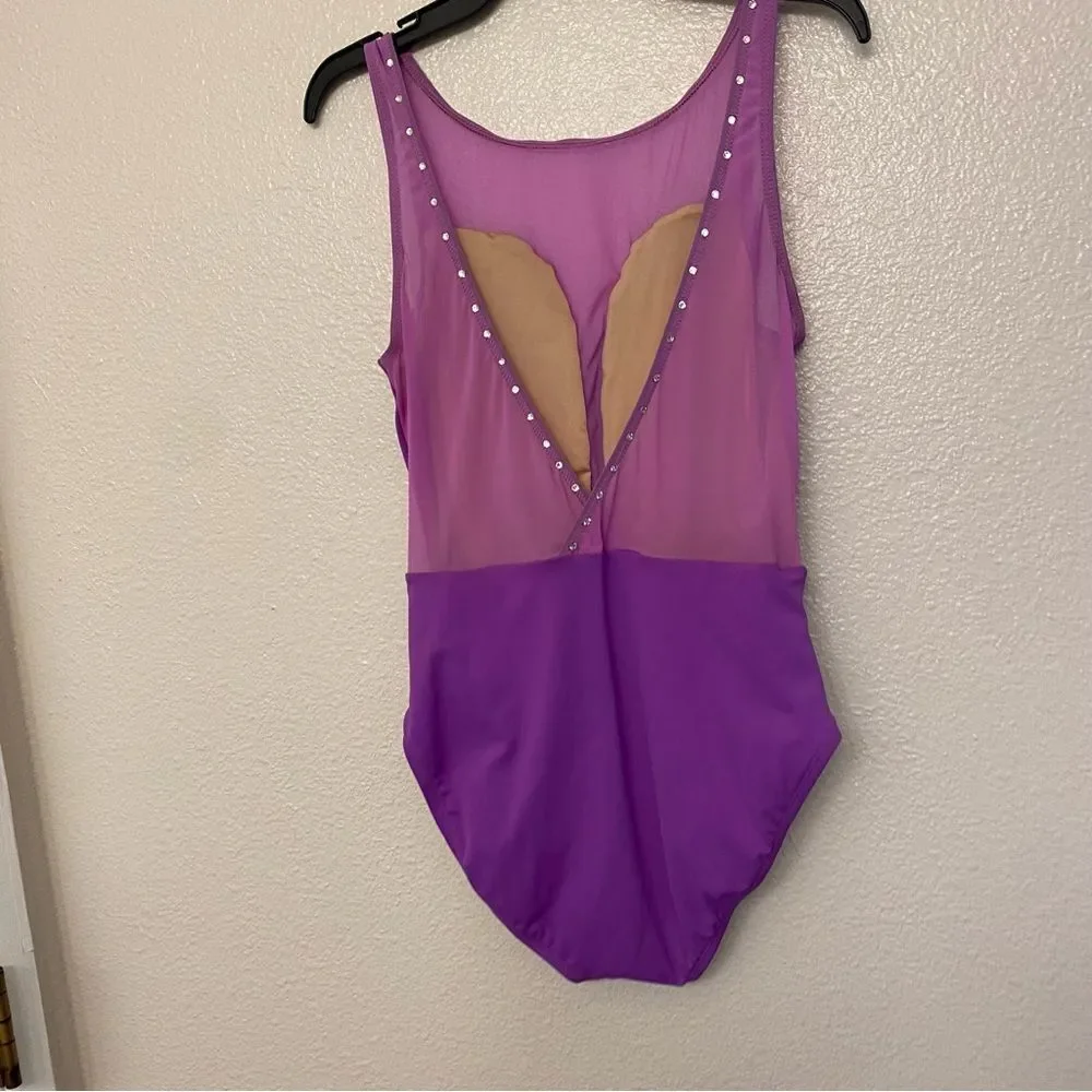 Mariia M2 Cutout Bodice Tank Leotard mesh, custom rhinestoned lavender purple MA